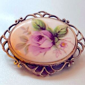 Vintage Rose on Porcelain Brooch